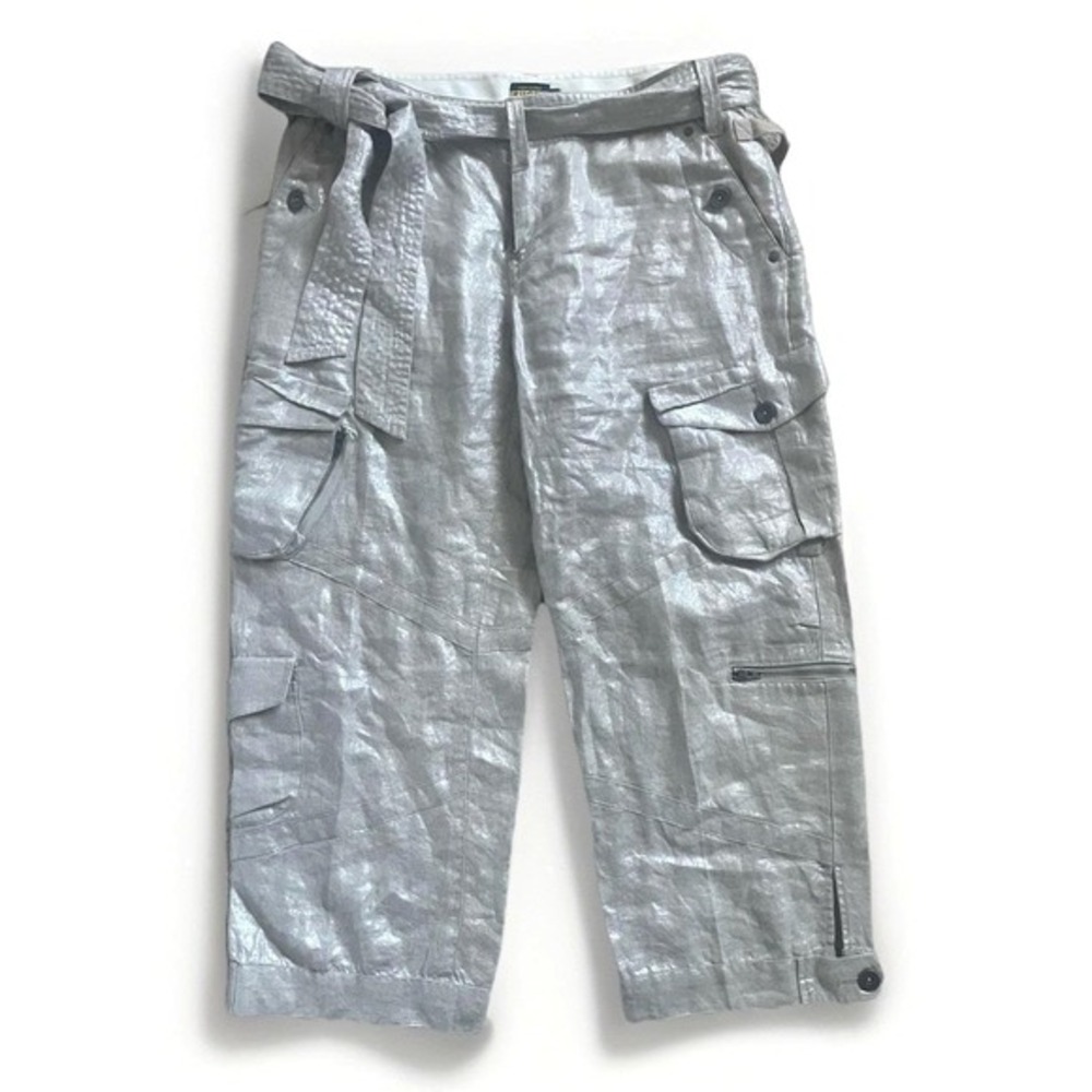 Y2k Polo Ralph Lauren 100% Linen Cargo Capri Pants Women 6 Silver Metallic Tan